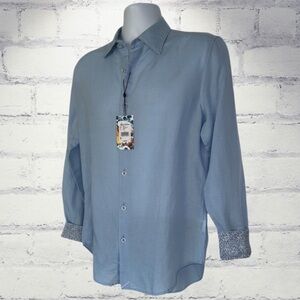 Robert Graham Linen Cotton Button Front Shirt Borsi Blue Classic Fit Small NWT